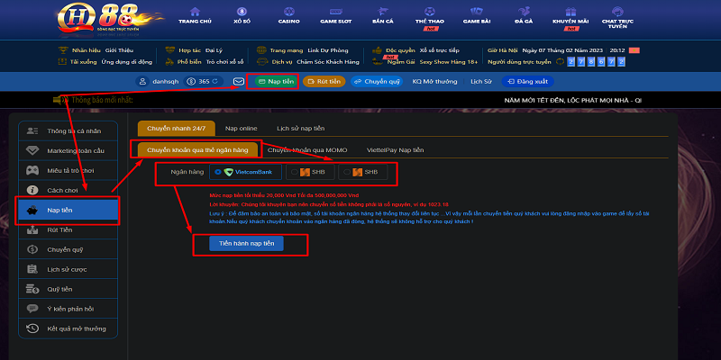 Thao tác nạp tiền thuận tiện được tối ưu hóa tại nhà cái QH88