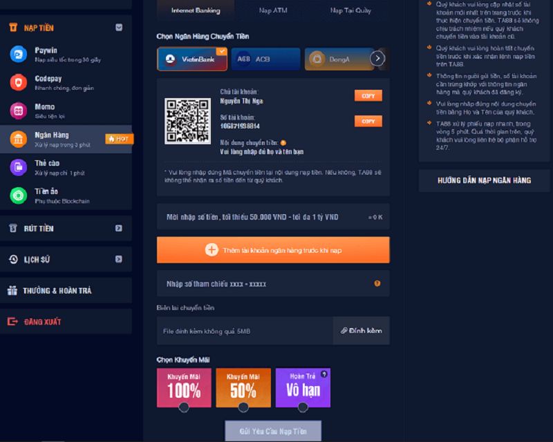 Cách nạp tiền vào ta88 