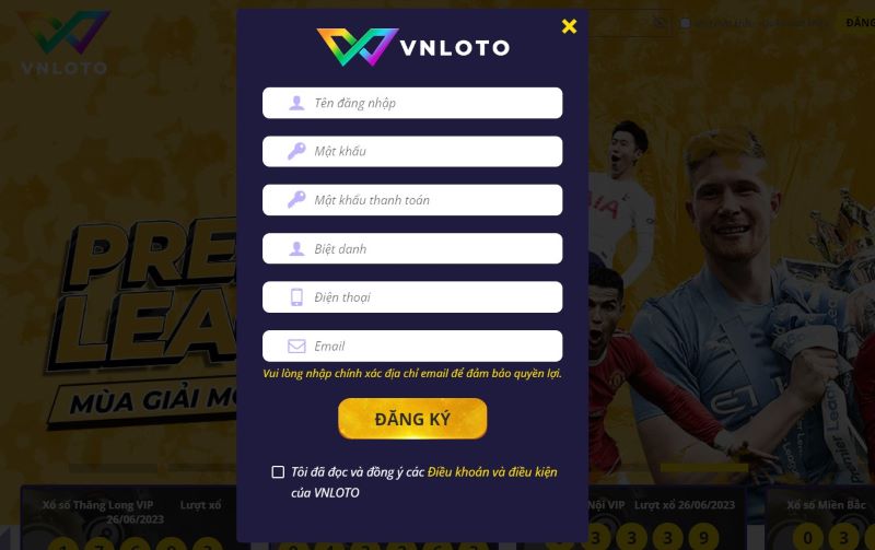 Giao diện đăng ký vnloto